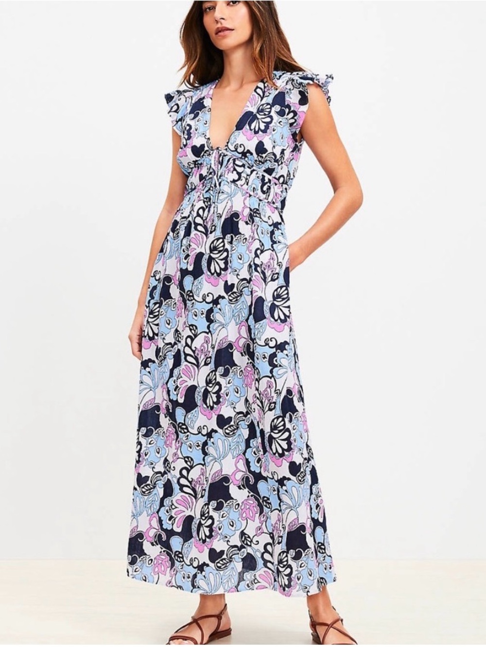 LOFT Beach NWT Floral Ruffle Sleeve Maxi Dress